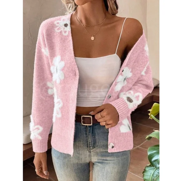 Pink Cardigan Knit Flower Textured Button Front Stretchy, Soft - Picture 5 of 9